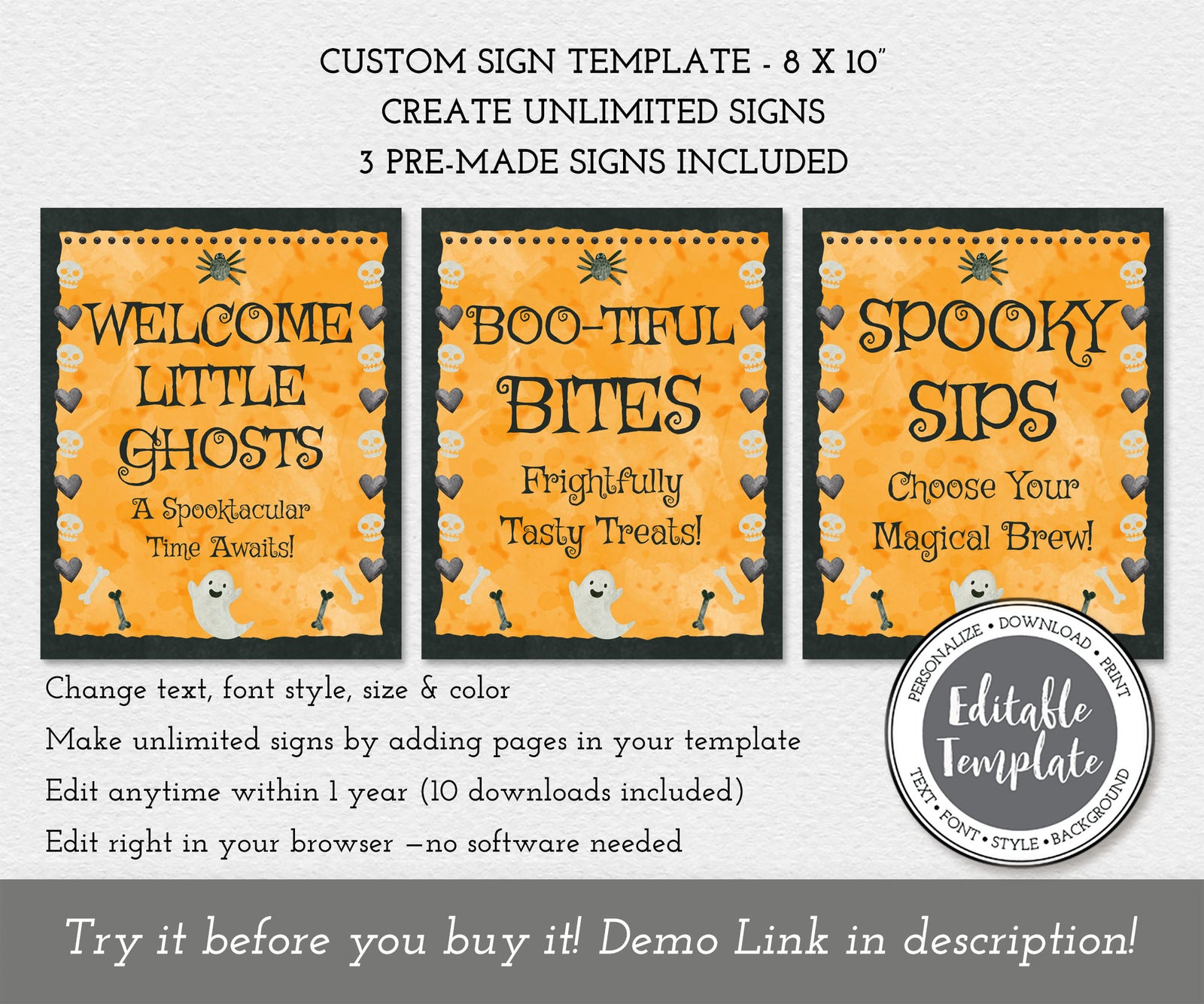 Three Halloween sign editable templates: welcome, food & drinks with cute ghost, bones, spider and a skull & heart border.