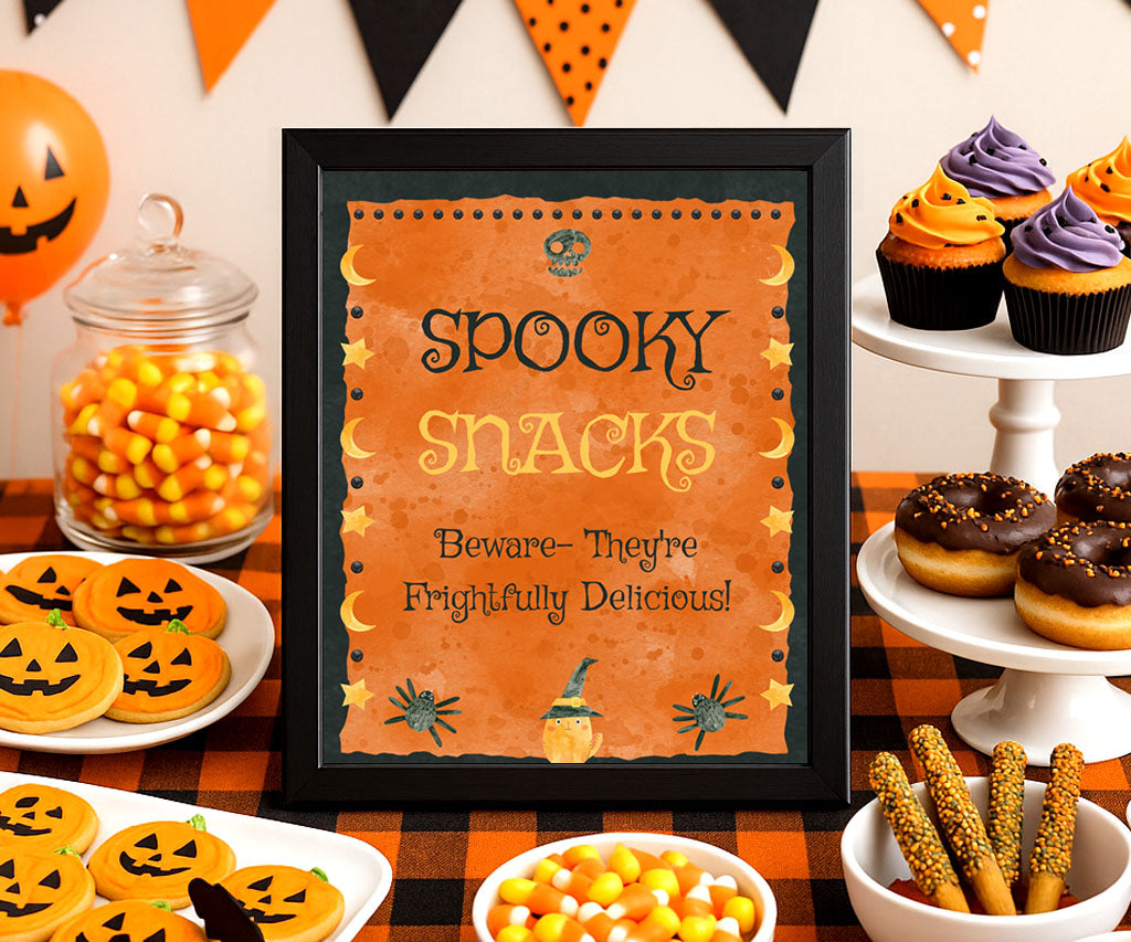 Halloween spooky snacks sign printable with cute witchy cat and moon and stars.