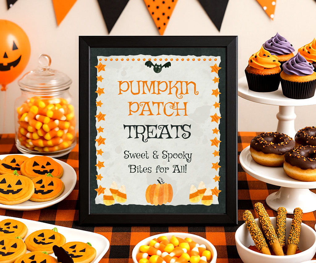 Halloween pumpkin patch treats sign printable with pumpkins and candy corn.