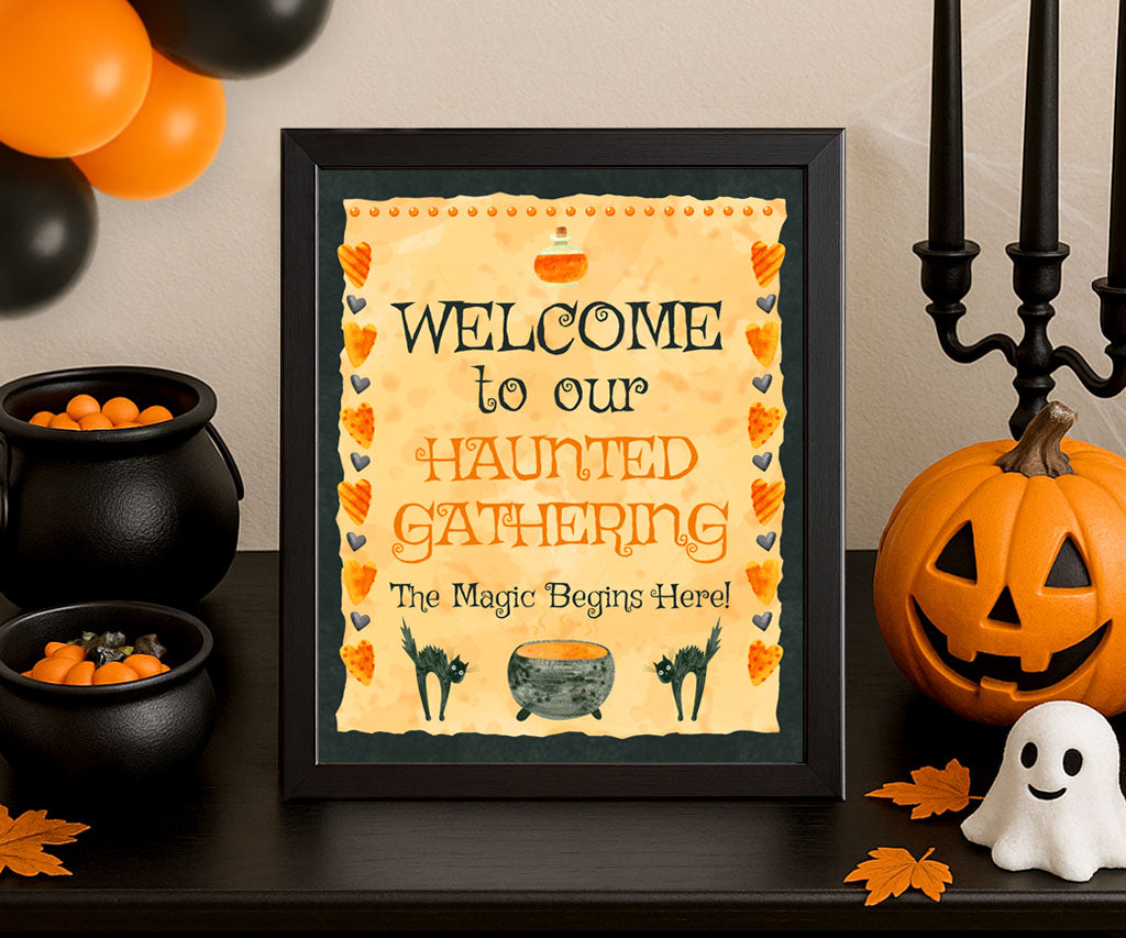 Halloween welcome sign printable with black cats, cauldron, potion bottle and hearts border.