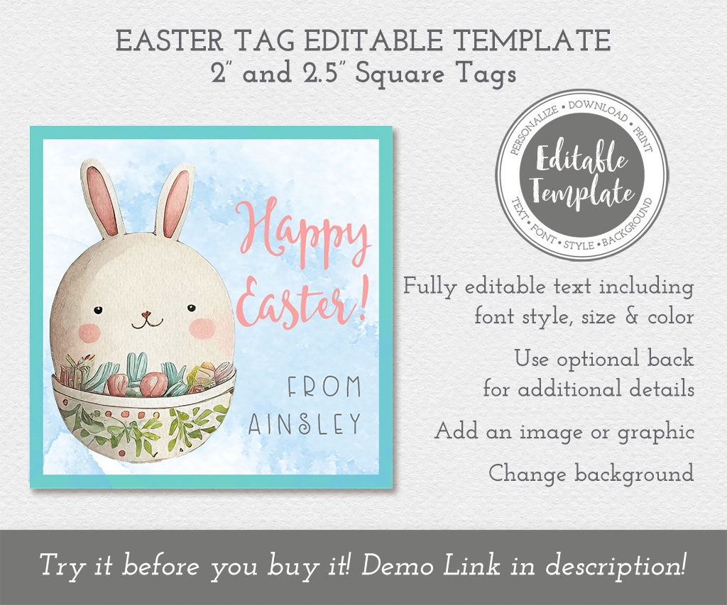 Square Happy Easter Bunny gift tag editable template.