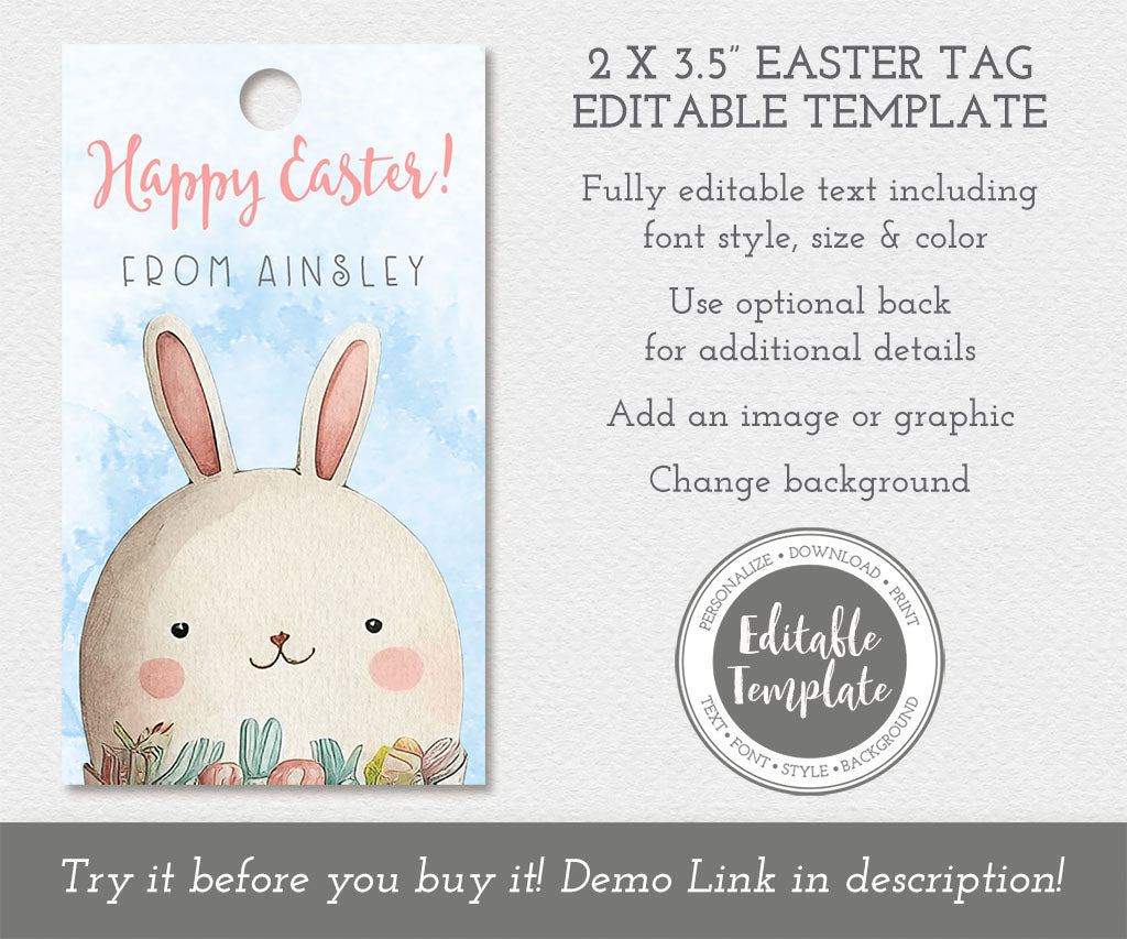 2 x 3.5" Happy Easter gift tag editable template.