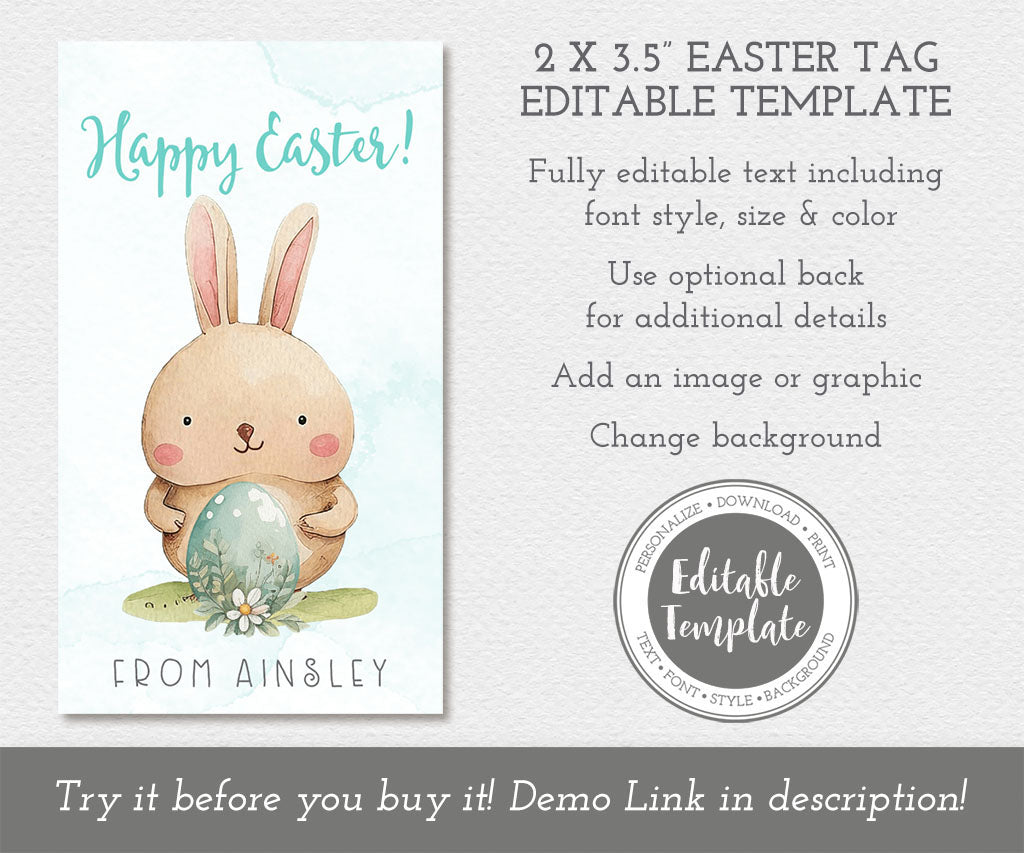 2 x 3.5" Easter Gift Tag with Easter bunny and egg, editable template.