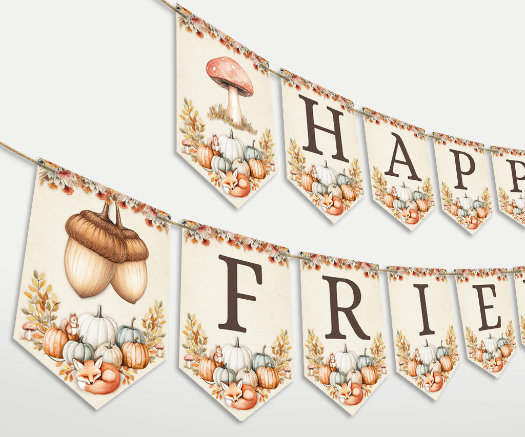Happy Friendsgiving banner printable with a cottagecore style- pumpkins, mushrooms, acorns & sweet little fox.
