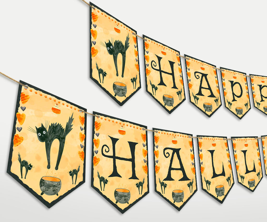 Happy Halloween banner printable with black cats, cauldron, whimsical hearts and potion bottle.