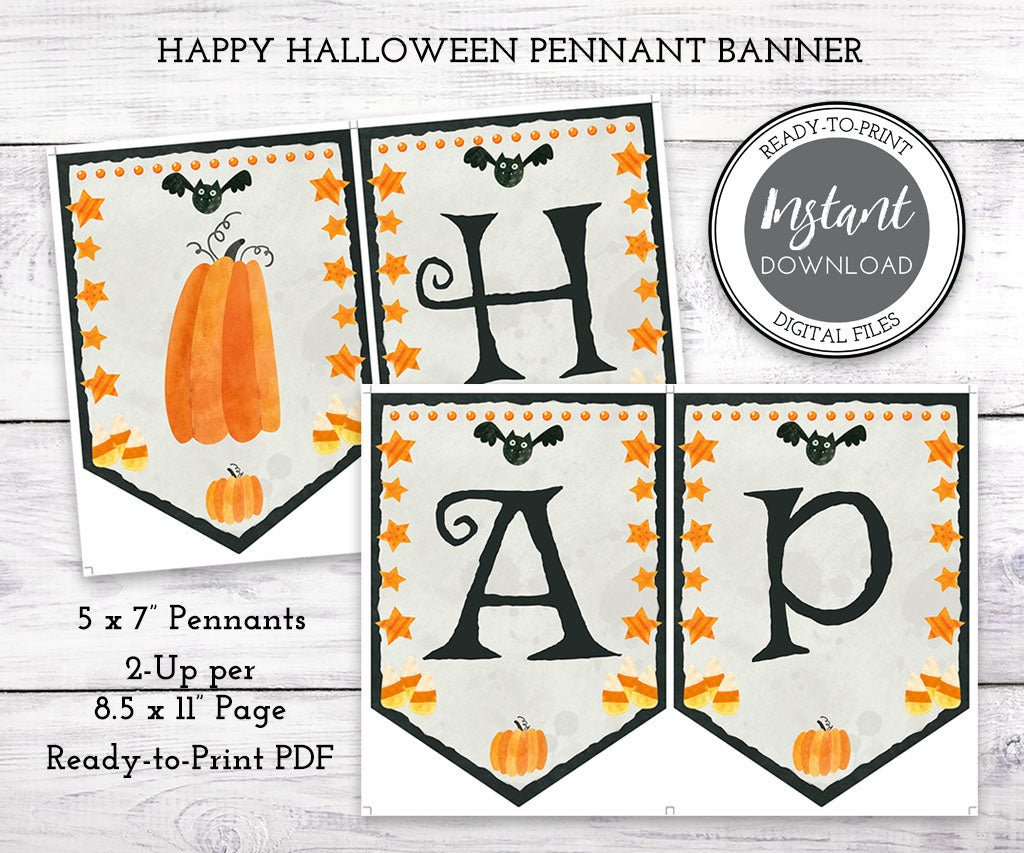 Happy Halloween instant download printable banner with pumpkins, candy corn, stars & bats.
