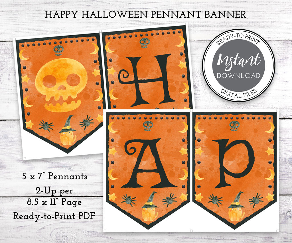 Happy Halloween instant download banner with skull, witchy cat, spiders, moon & stars.