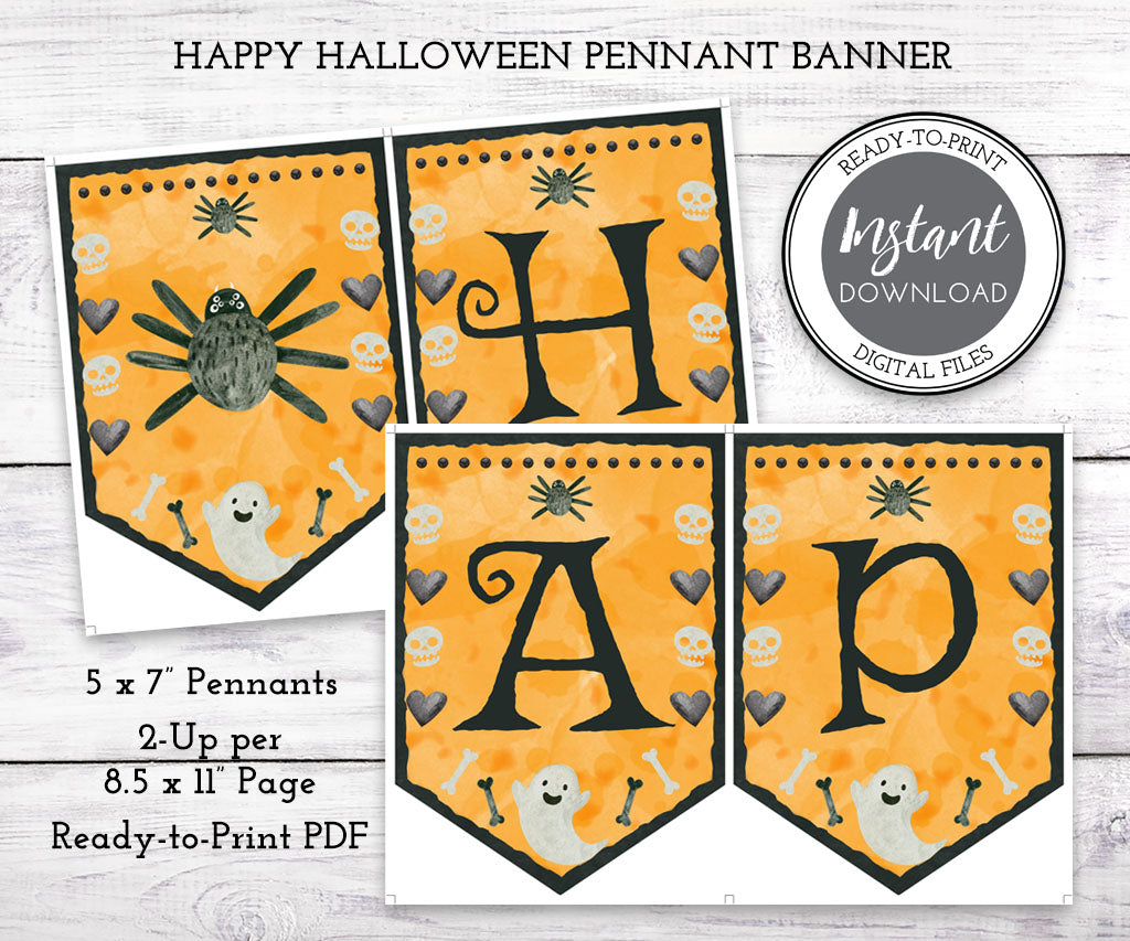 Happy Halloween banner instant download with cute ghosts, spiders and a skull & hearts border.