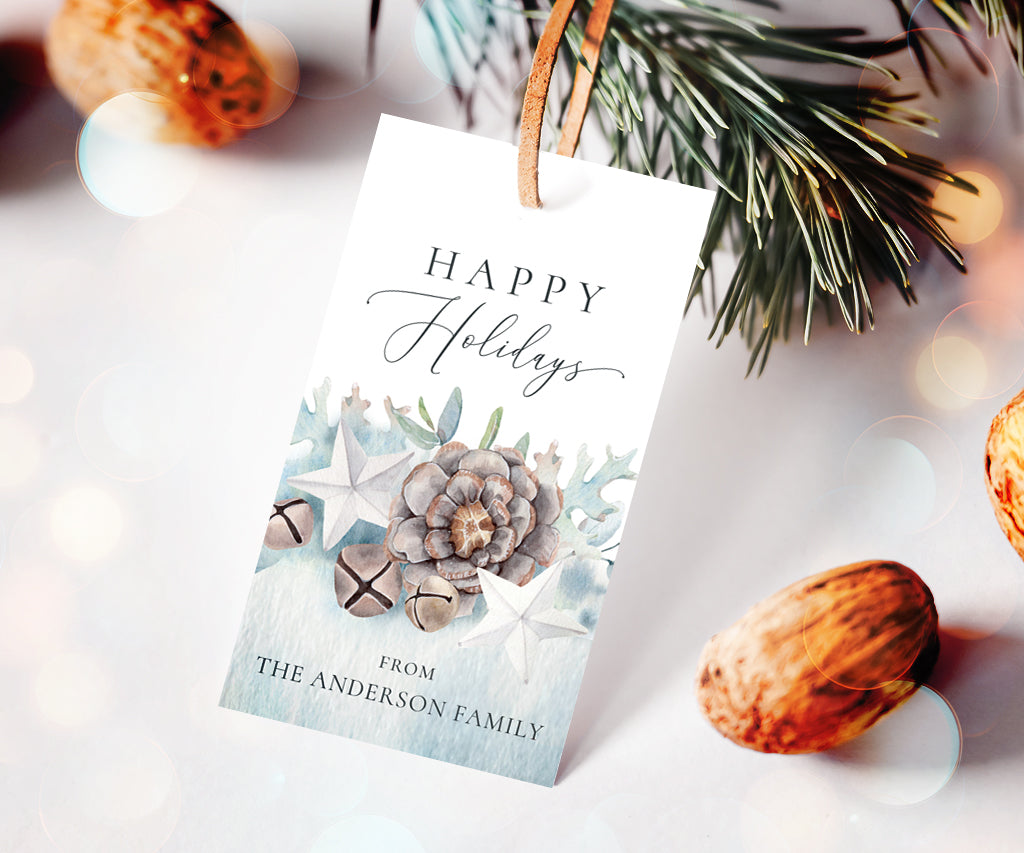 Happy Holidays winter pine cones gift tag template.