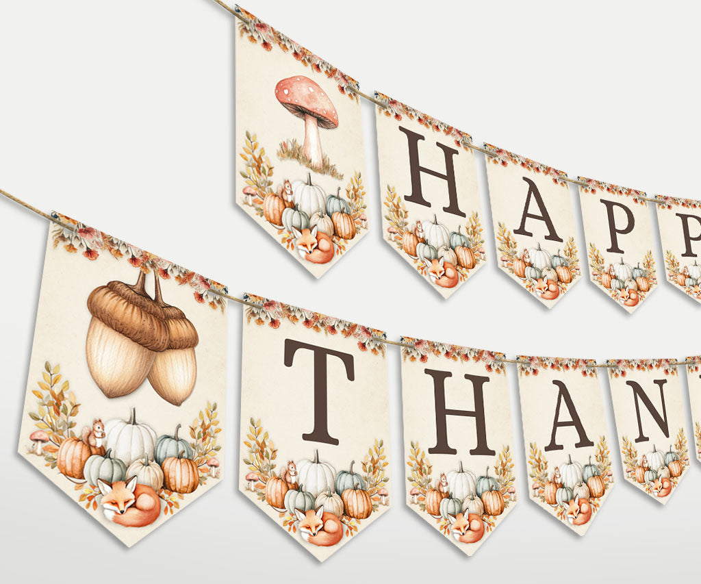 Happy Thanksgiving Pennant Banner Printable in cottagecore style with watercolor pumpkins, mushrooms, acorns and a cute fox.