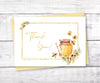 Honey bee baby shower thank you card with bees, jar and yellow flowers.
