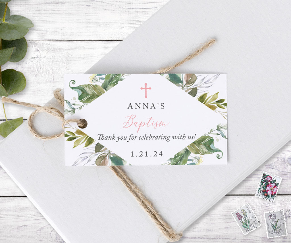 Horizontal greenery baptism favor tag.
