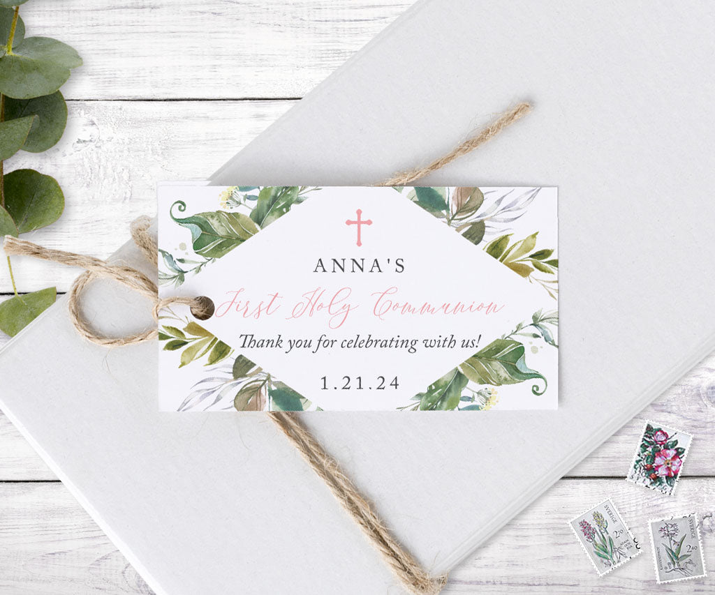 Horizontal botanical greenery first communion favor tag.
