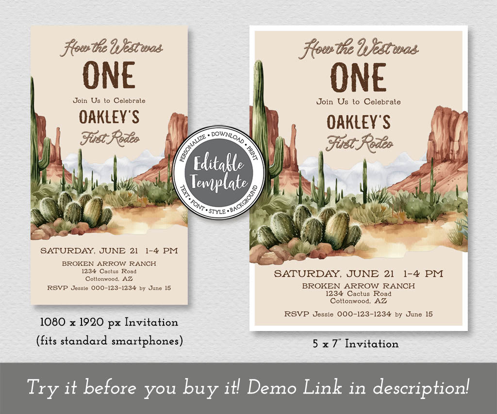 How the west was ONE first rodeo birthday invitation and evite editable templates.