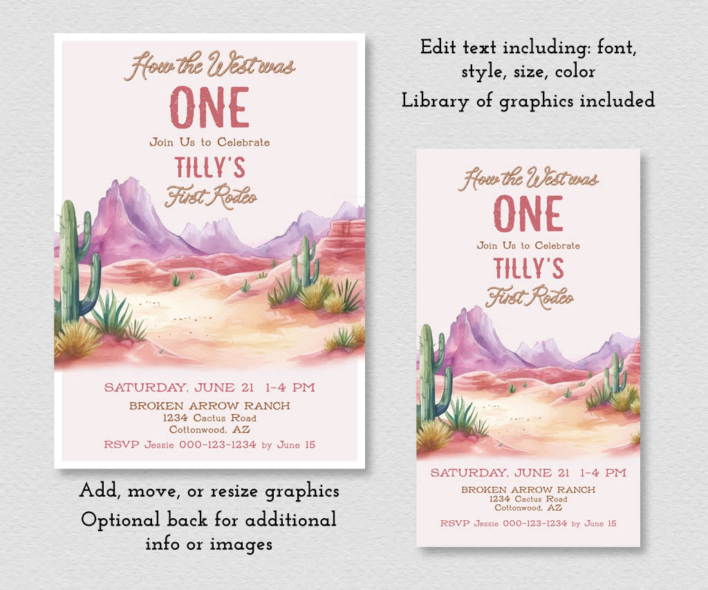 How the west was ONE girl's first rodeo birthday invitation and smart phone evite with pink western landscape, editable templates.