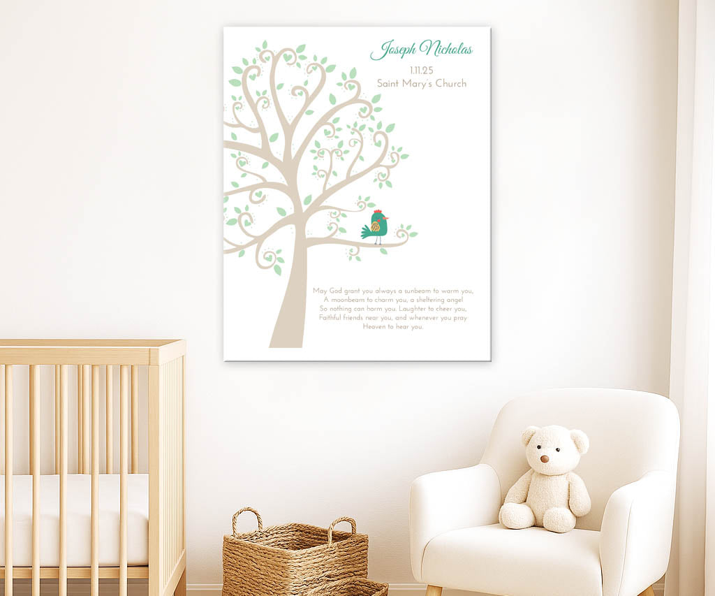 Baptism, dedication or christening keepsake print on nursery wall of baby bird in tree and blessing text.