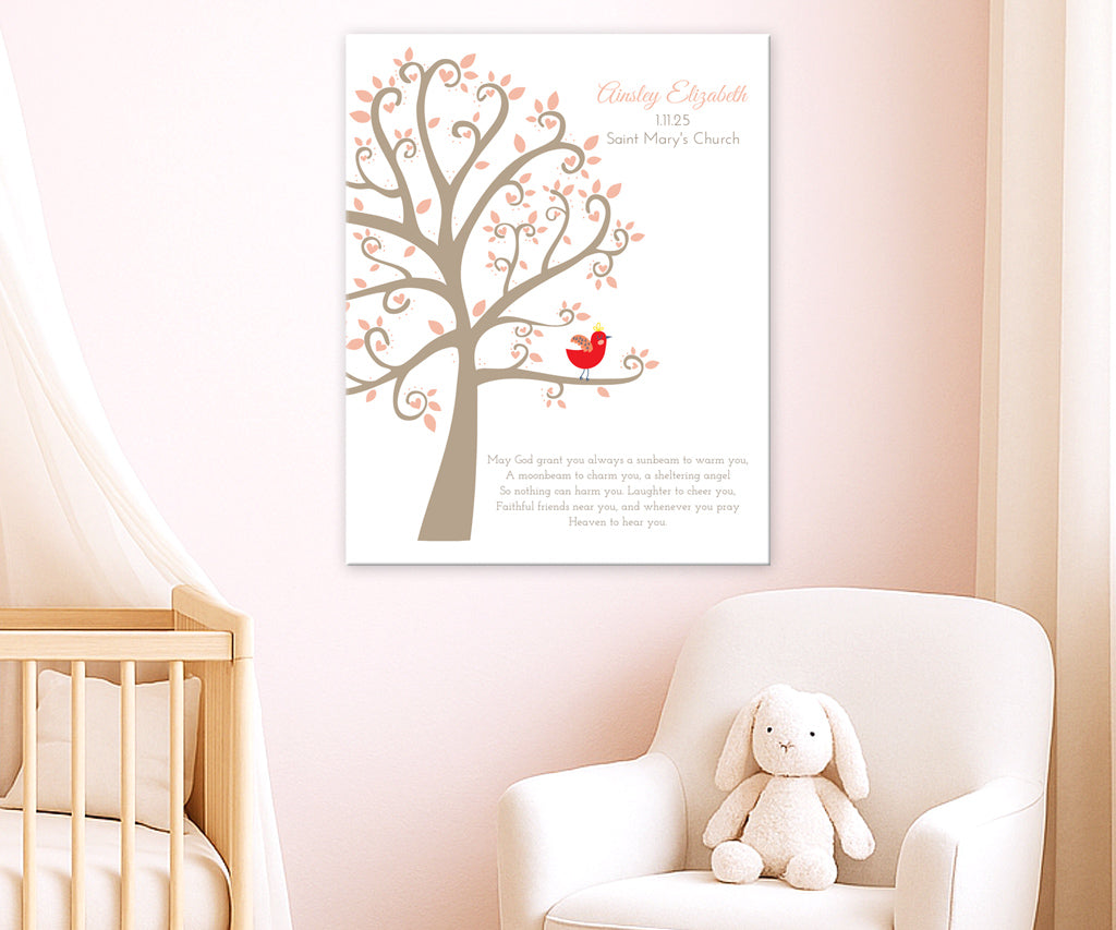 Printable baptism or confirmation keepsake shown in a baby girl nursery with pink wall, tree and red bird design framed above crib and chair.