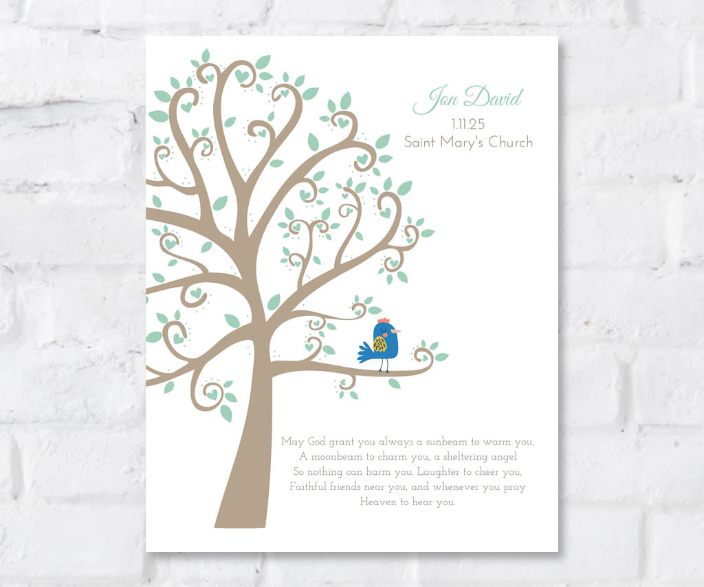 Keepsake baptism, dedication or christening printable with baby bird in tree and blessing verse with name and date.