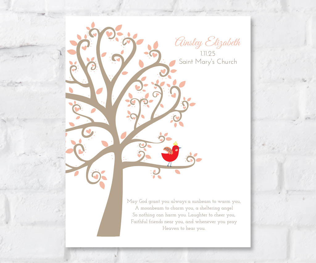 Personalized baptism keepsake with pink leaves, baby bird, Irish blessing, and editable name and date.
