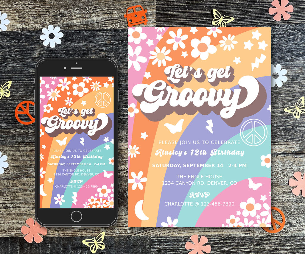 Let's get groovy invitation and evite with colorful stripes, flowers and 70's icons.