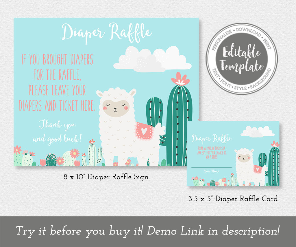 Llama baby shower diaper raffle sign and card templates.