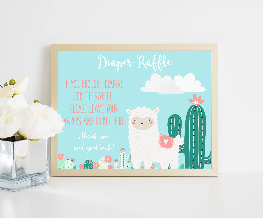 Llama baby shower diaper raffle sign.