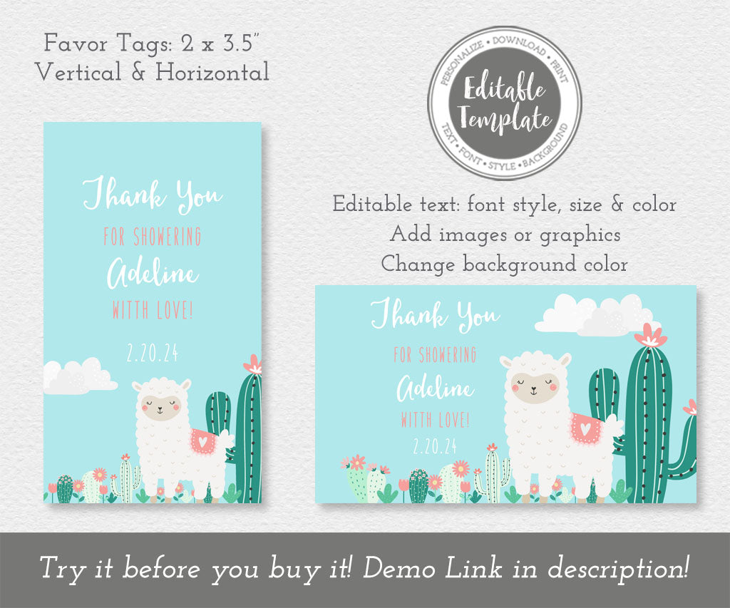 Llama baby showr favor tag templates, horizontal and vertical.
