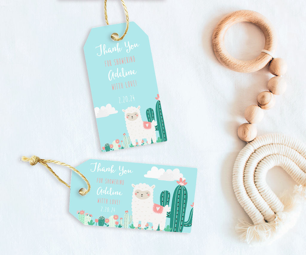 Llama baby shower favor tags horizontal and vertical.
