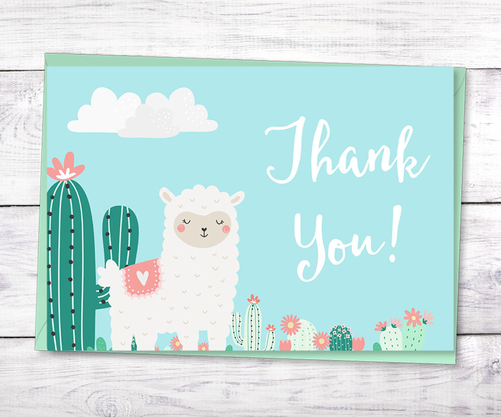 Llama baby shower folded thank you card with llama and flowering cacti.