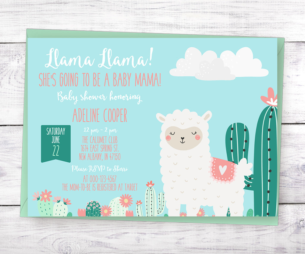 Llama baby shower invitation.