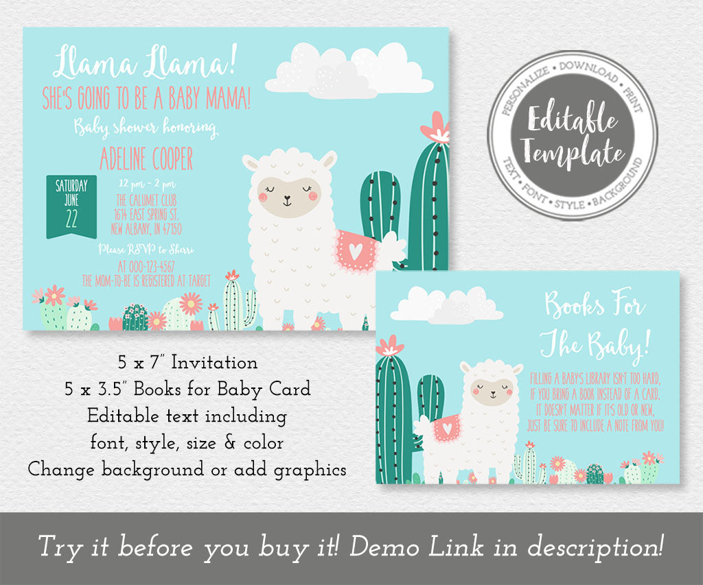 Llama baby shower invitation and books request card editble templates.