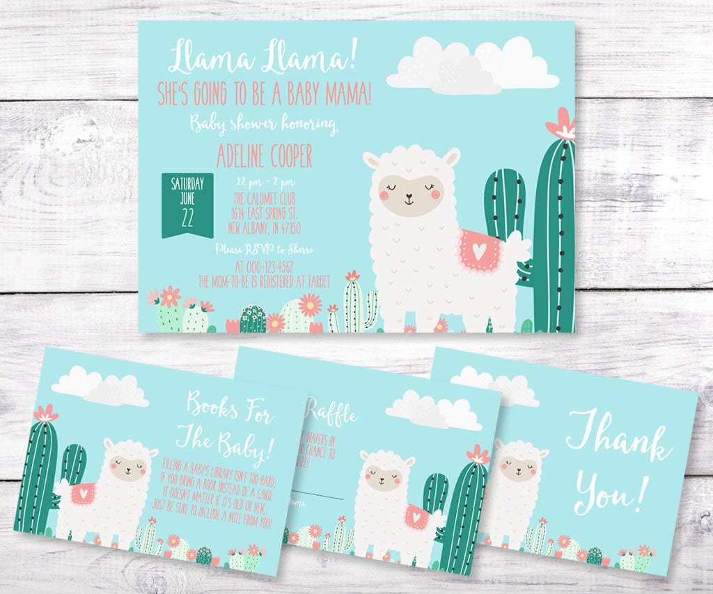 Llama baby shower invitation set including llama invitation, books for baby card, diaper raffle and thank you card.