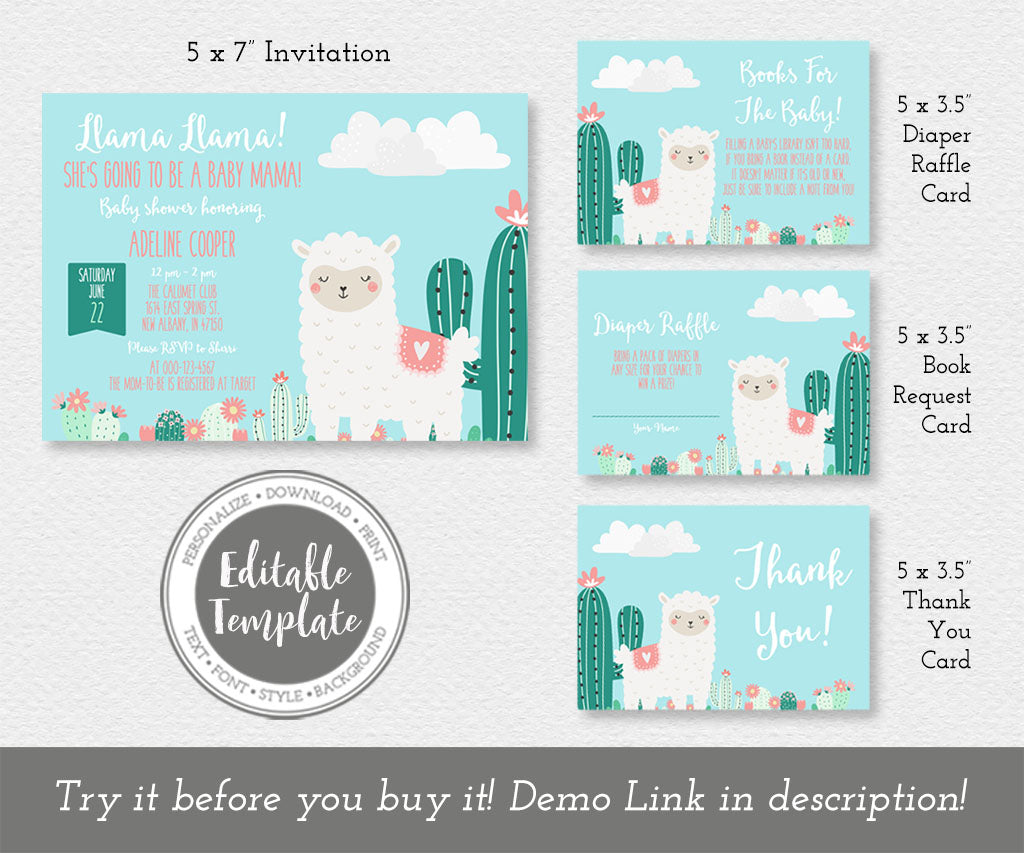 Llama baby shower invitation templates: invitation, diaper raffle card, book request card, thank you card.