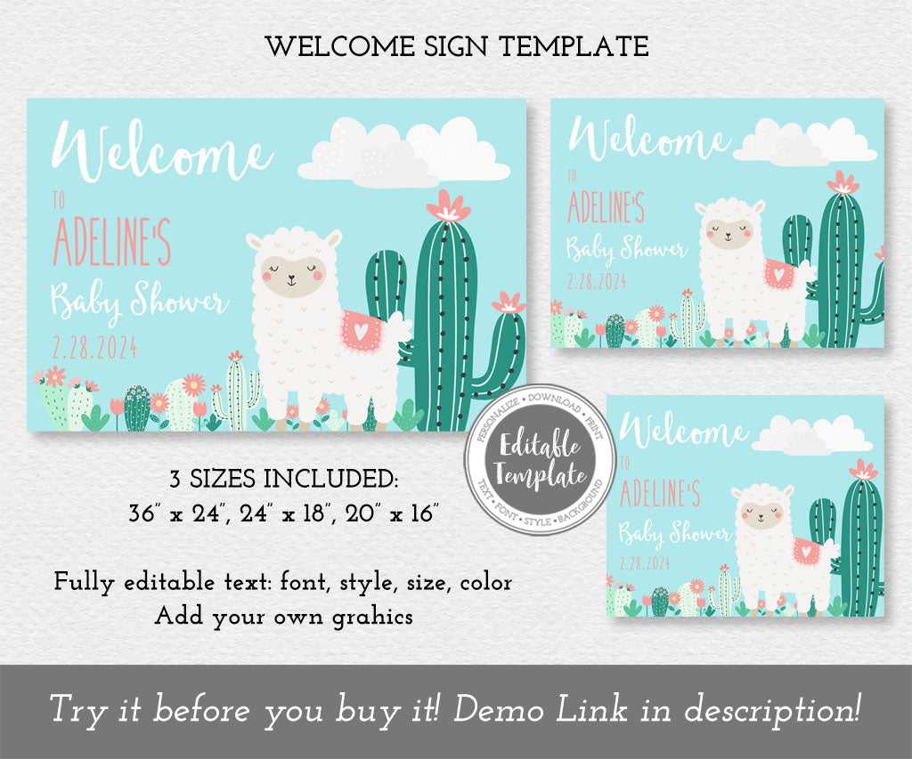 Llama baby shower welcome sign templates: 36 x 24", 24 x 18", 20 x 16".