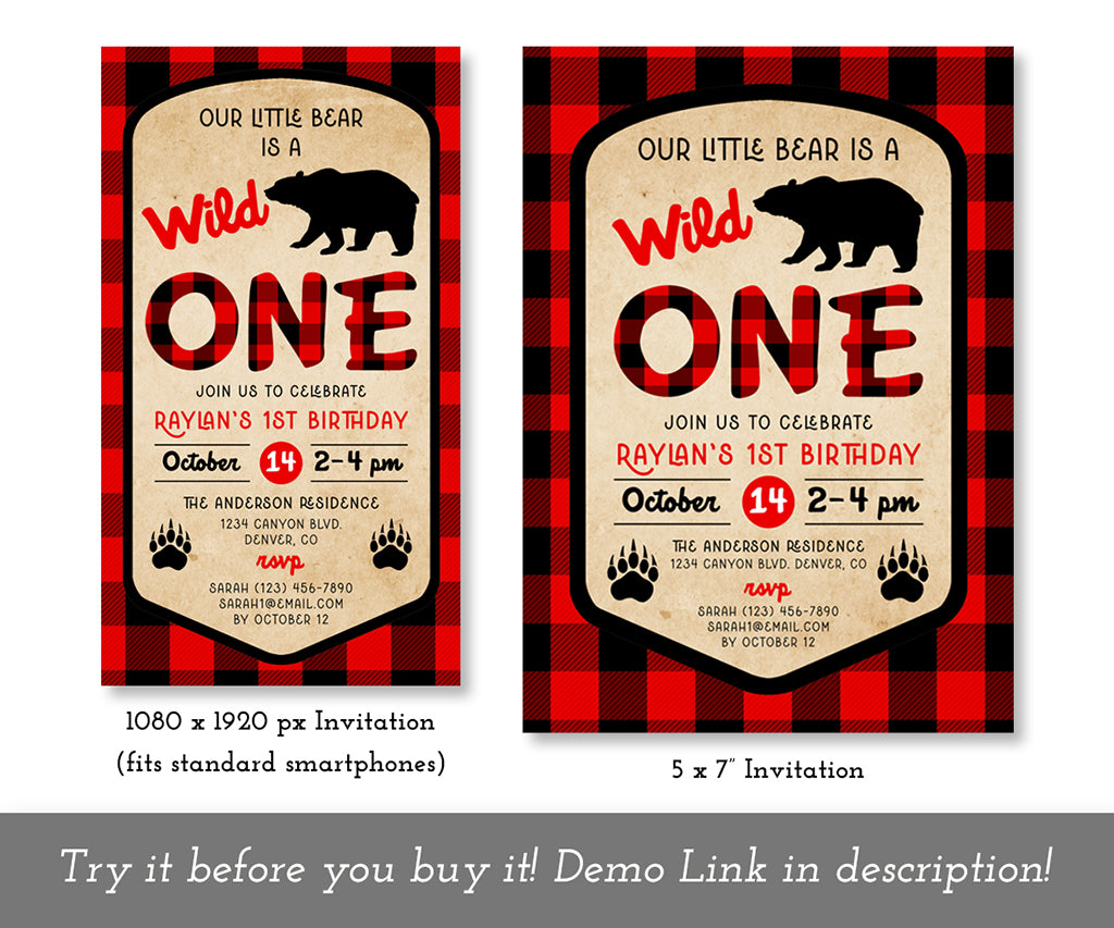 lumberjack wild one first birthday buffalo plaid invitation and iphone evite.