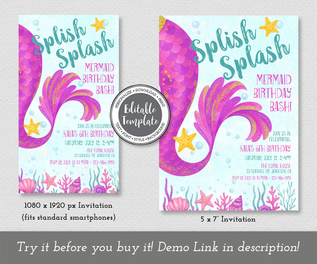 Splish splash mermaid birthday bash 5x7 invitation and 1080x1920px evite editabe templates.