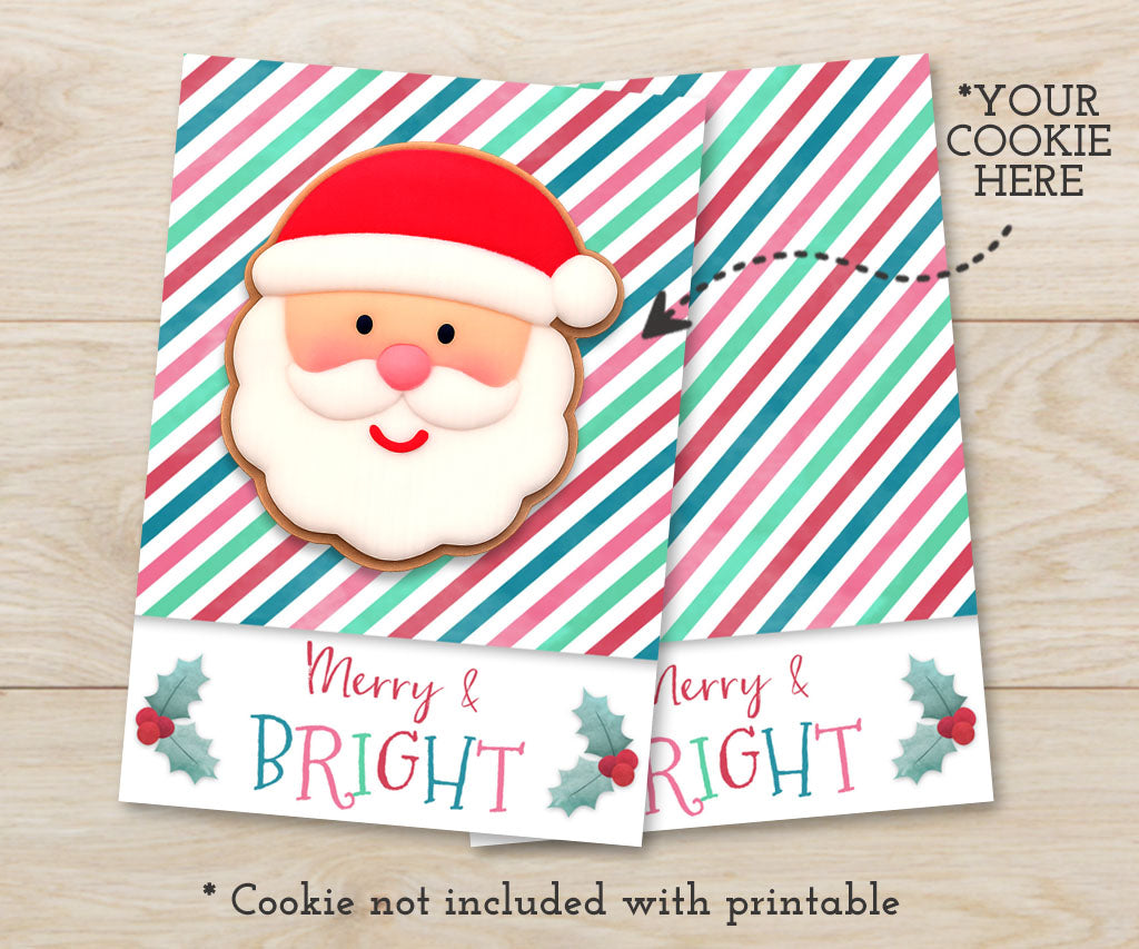 Merry and Bright Christmas-themed printable cookie card design on a striped background.