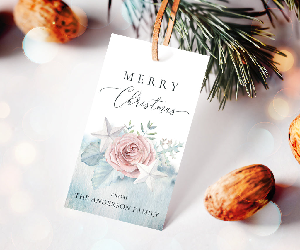 Winter floral Merry Christmas gift tag template.