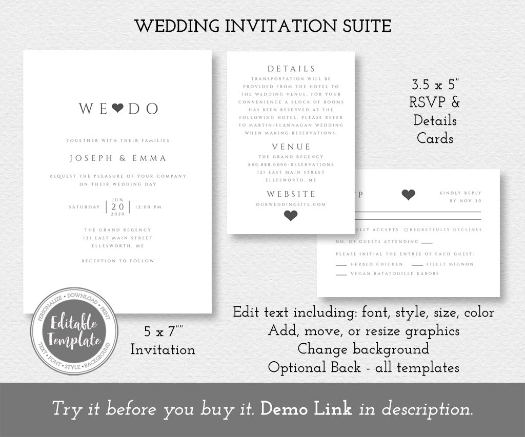 Minimal wedding invitation, rsvp card, details card, editable templates.