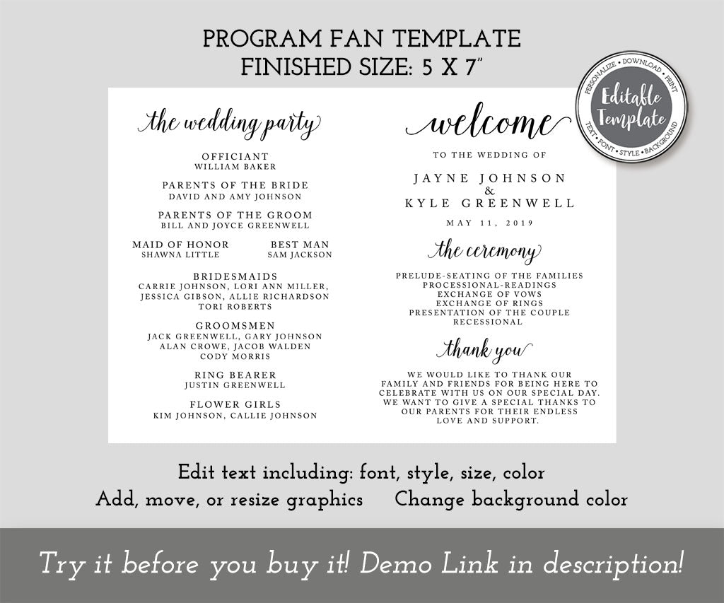 Minimalist wedding program fan 5 x 7" editable template.
