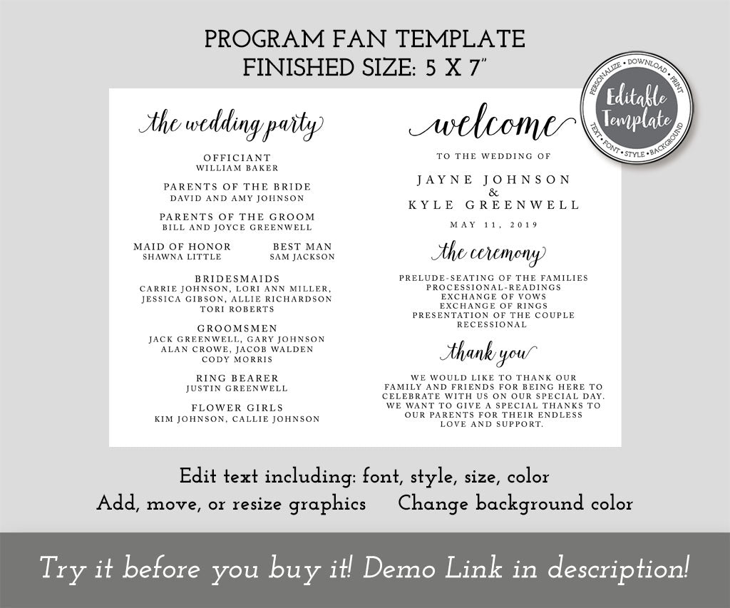 5 x 7" Minimalist Wedding Program Fan, Editable Template