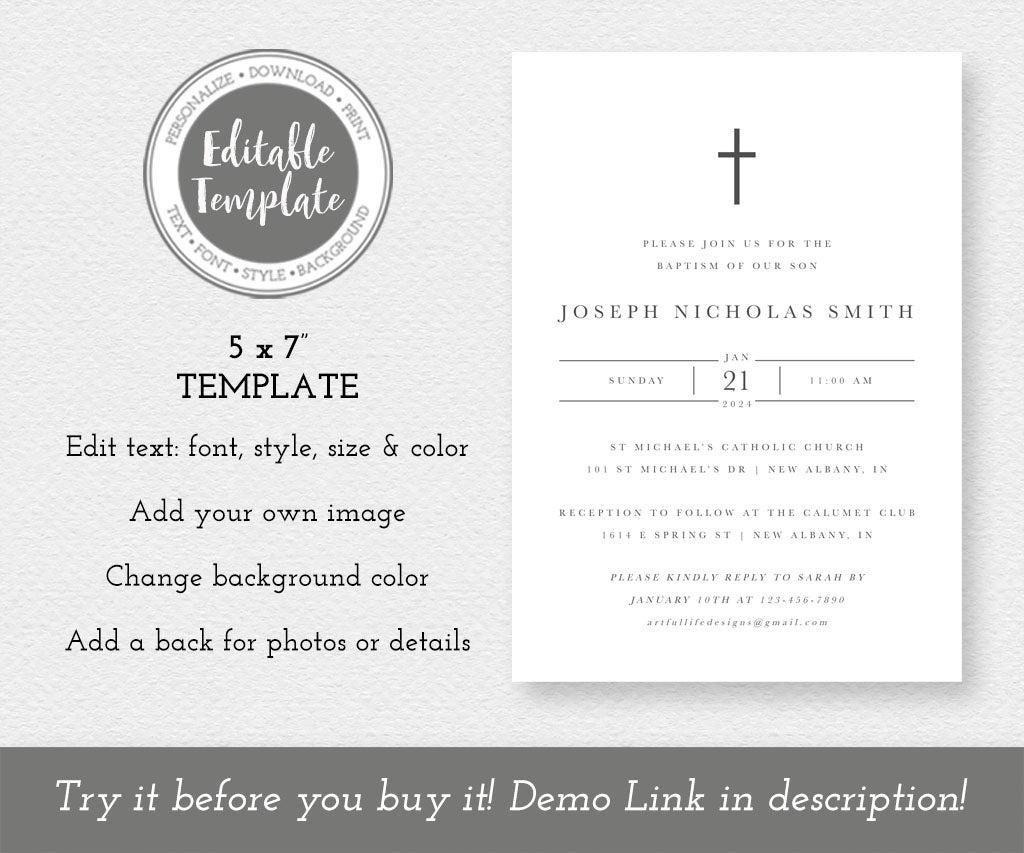 Modern baptism invitation 5 x 7" editable template.