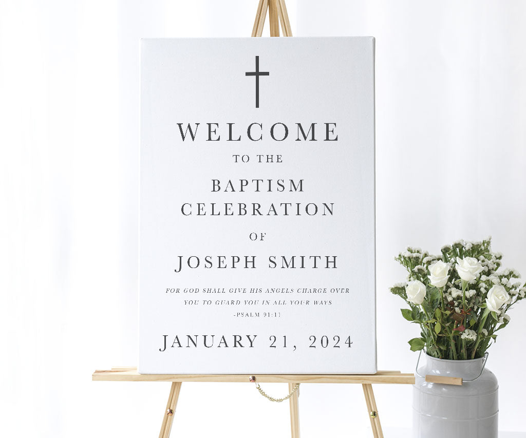 Modern baptism or christening celebration welcome sign.