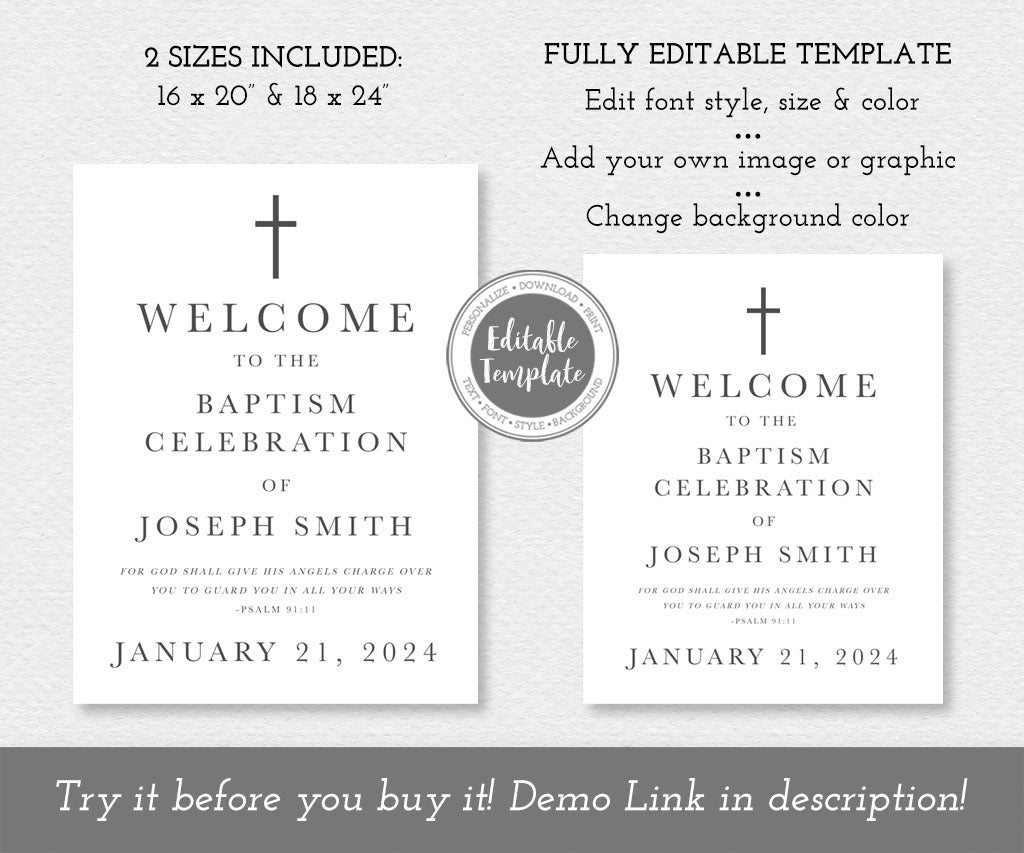 Modern baptism or christening celebration welcome sign templates, 16 x 20" and 18 x 24" sizes.