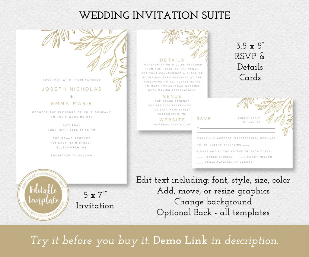 Modern minimal wedding invitation suite including rsvp card and details card, editable templates.