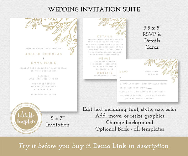 Minimalist hot Wedding Bundle, Printable Wedding Template Download, Modern Wedding Invitation, Edit and Print, Instant Download