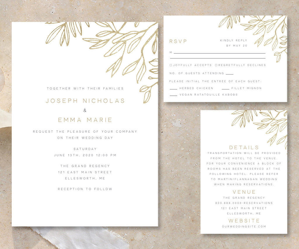 Modern minimal wedding invitation suite including rsvp card and details card.