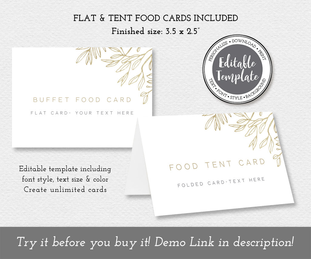 Modern minimalist flat and folded buffet food card templates.