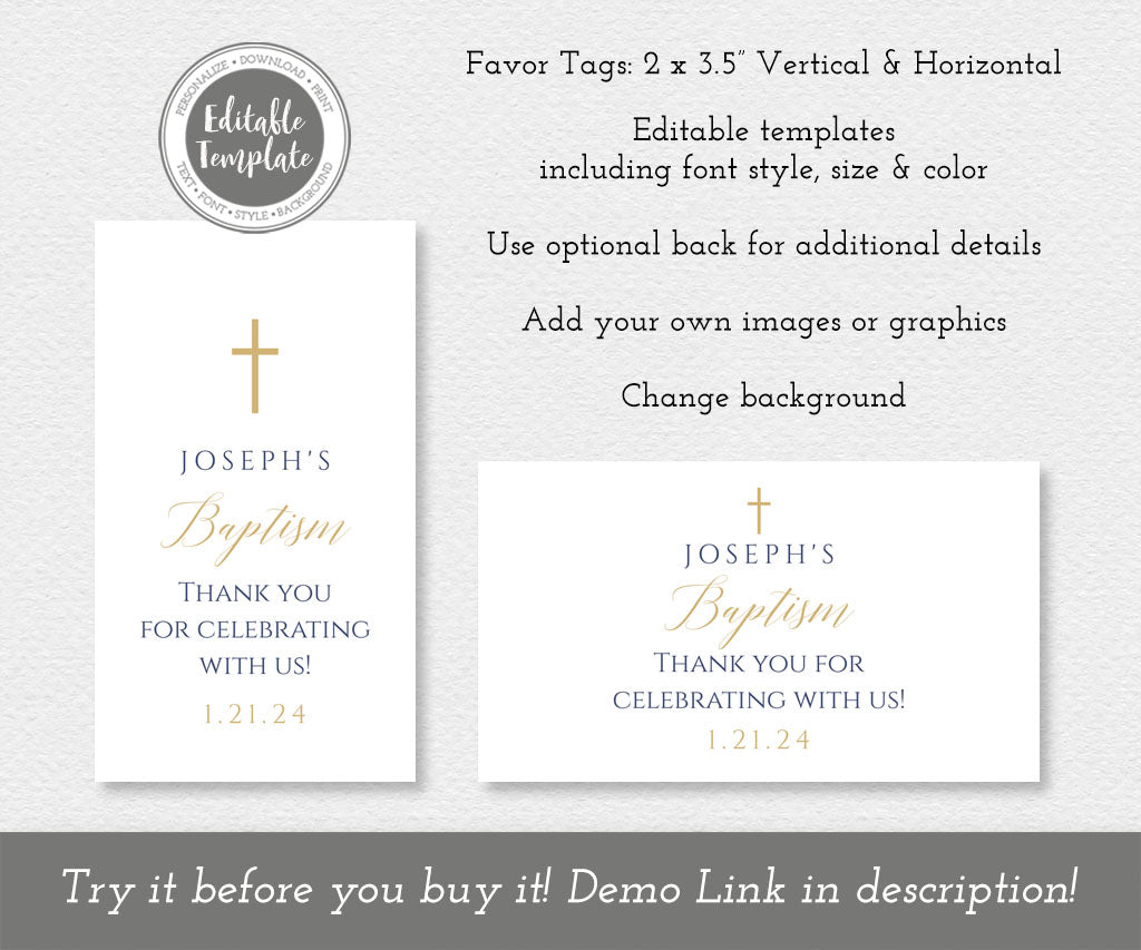 Modern minimalist favor tag templates in gold and navy blue.