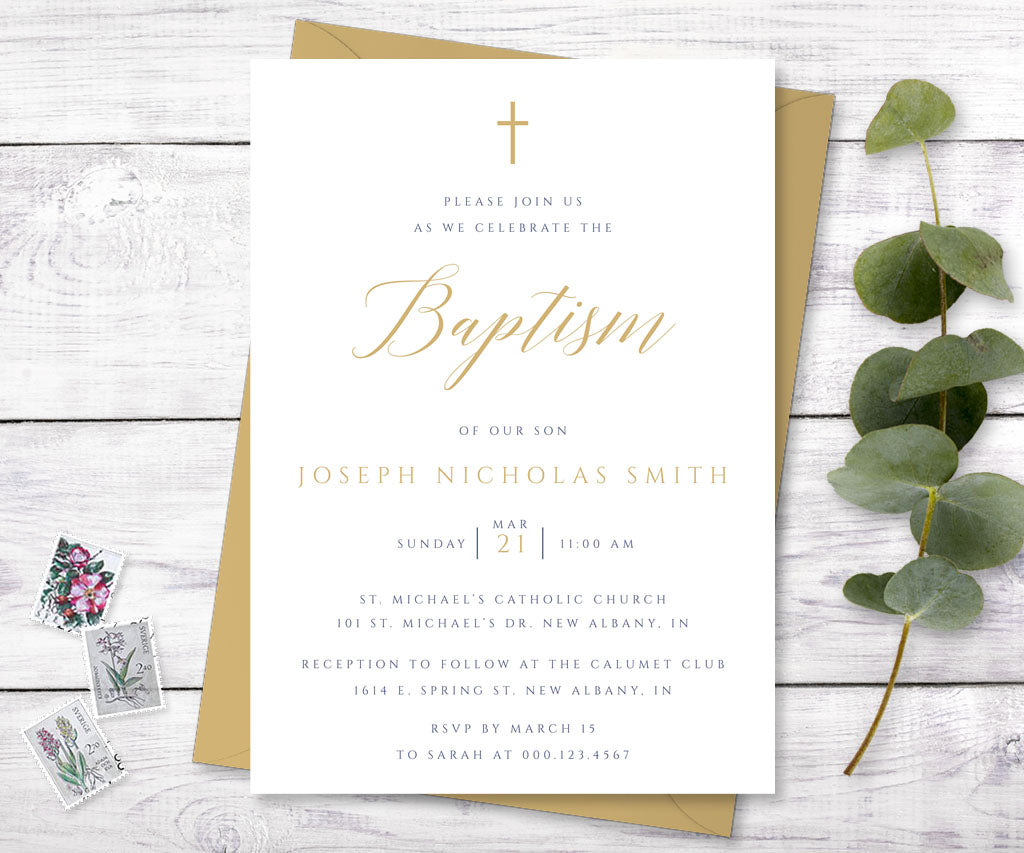 Modern minimalist baptism invitation with gold and navy blue text.